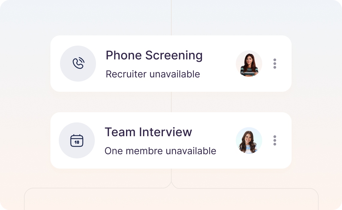 Interview scheduling cards showing recruiter and team unavailability